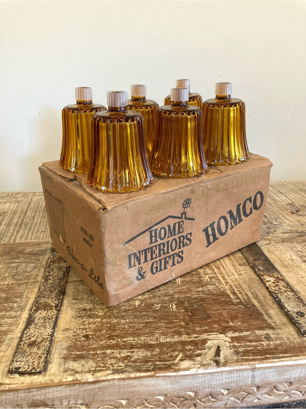 6 Vintage Homco Flic-A-Lite Amber Ribbed Cut Pegged Votive Candle Holders